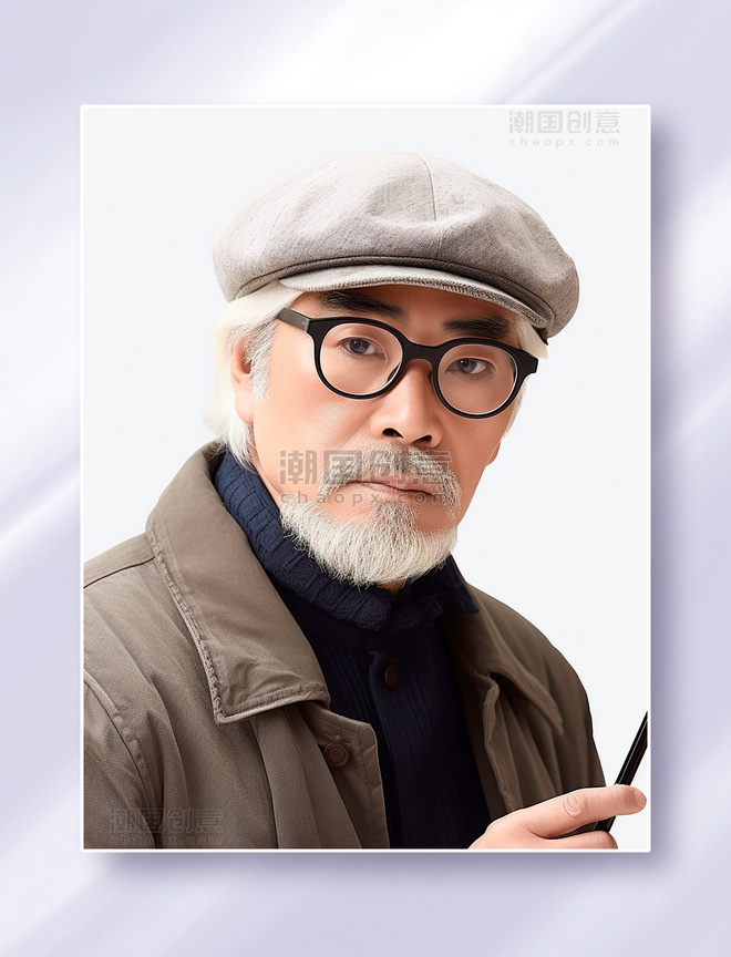 戴着贝雷帽和眼镜的大龄男性设计师画家书法家职业照