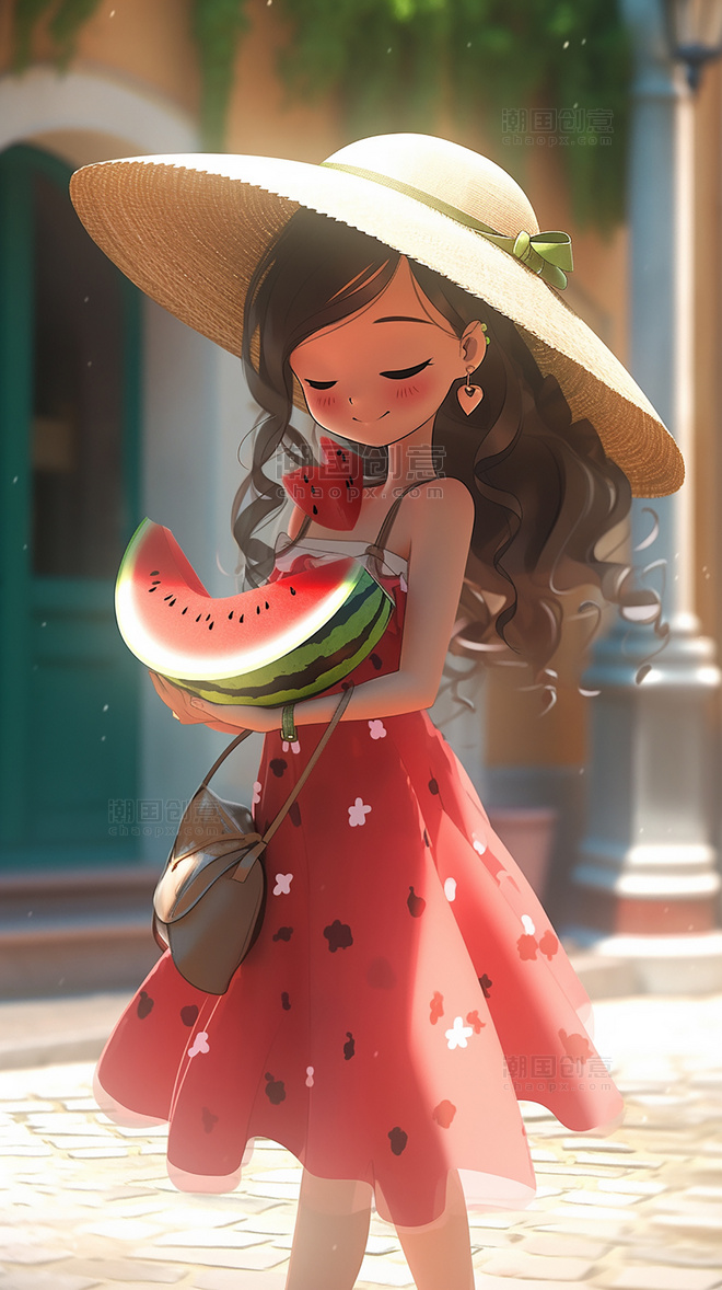 夏日夏季女孩夏天凉爽清爽手里拿着一个西瓜