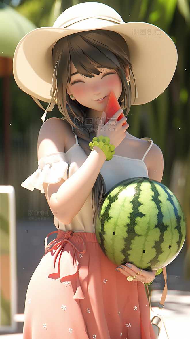 夏日可爱的女孩夏季夏天凉爽清爽手里拿着西瓜