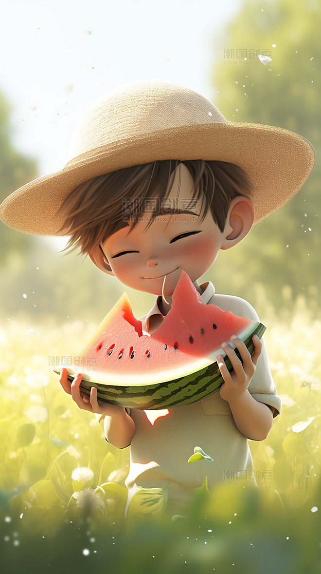 夏日夏季夏天小男孩凉爽清爽吃西瓜