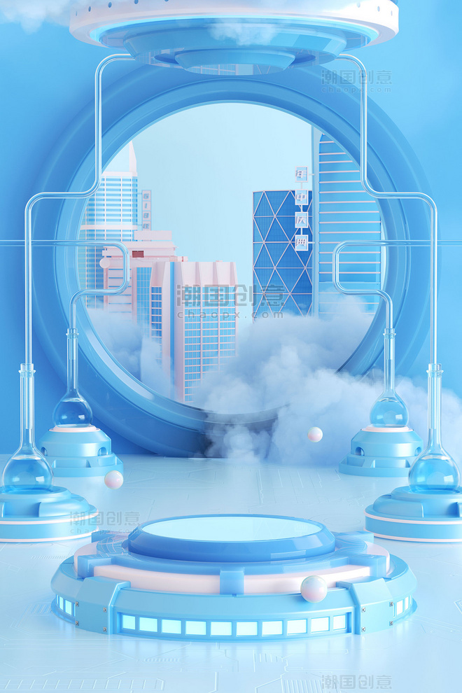 3D立体蓝色618电商促销城市建筑室内场景