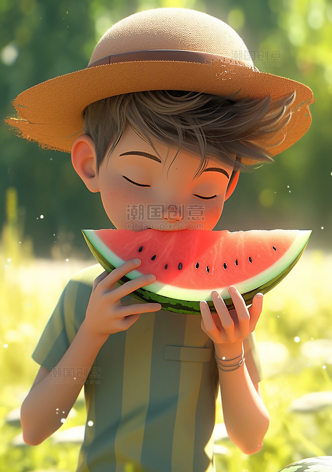 夏日夏季一个阳光帅气的男孩夏天凉爽吃西瓜插画