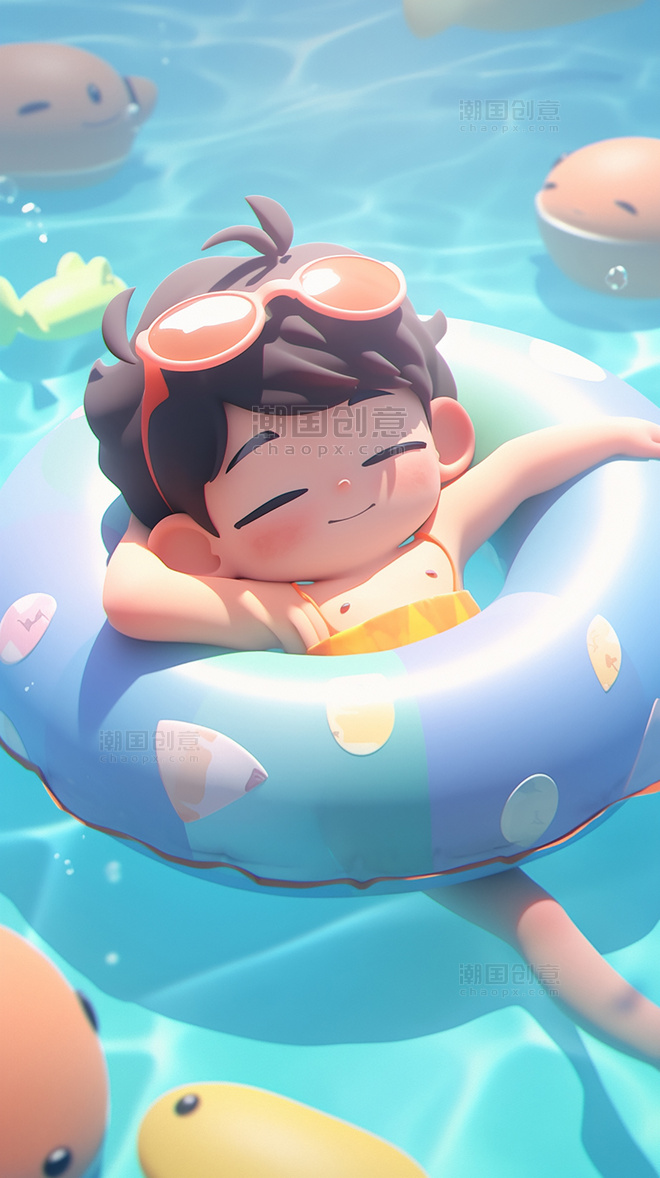 夏天夏季一个超级可爱的男孩躺在游泳池