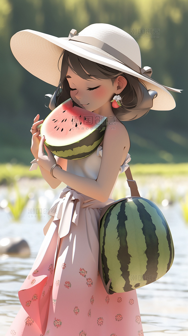 风格夏日夏季女孩夏天凉爽清爽手里拿着一个西瓜