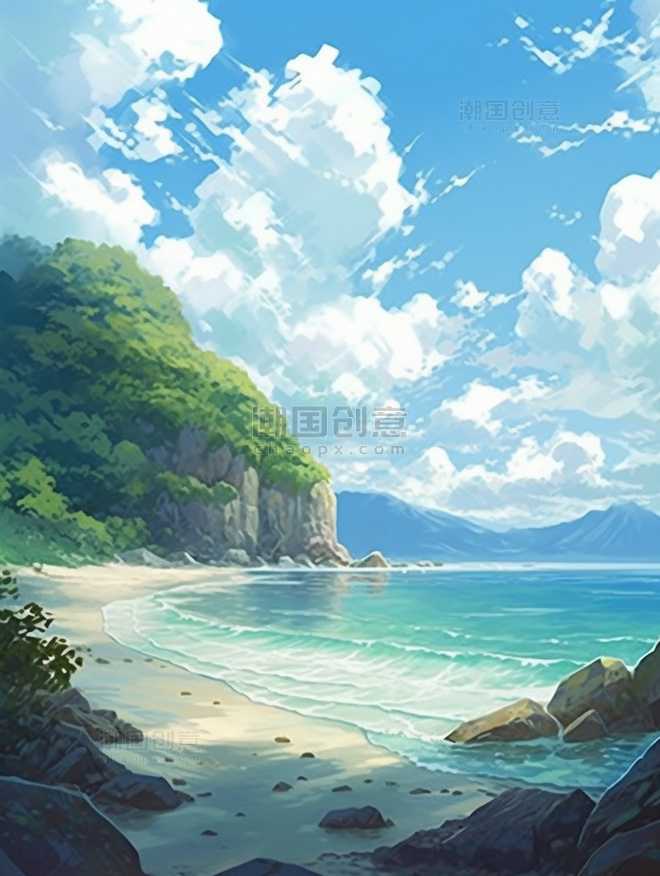 夏天海边清新沙滩大海旅游风景海浪插画