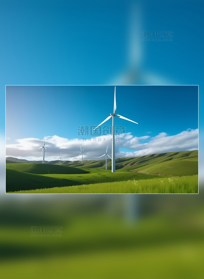 明亮的颜色视野广阔风力发电新能源白天蓝天白云风车草原发电摄影图风能