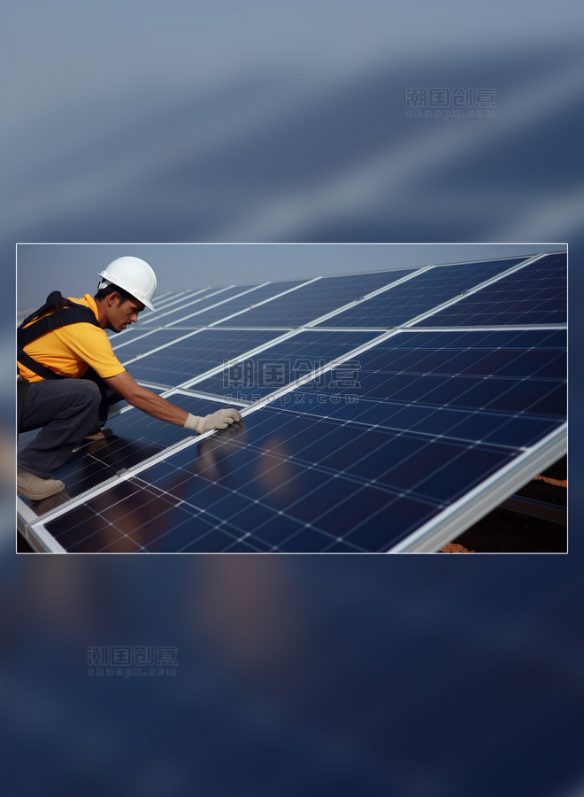 工人工作光伏板太阳能新能源电池板清洁能源摄影图