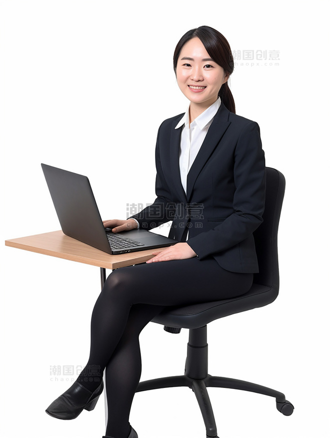 商务白领的照片亚洲面孔女性全身照穿着西装坐在电脑面前人像摄影风格