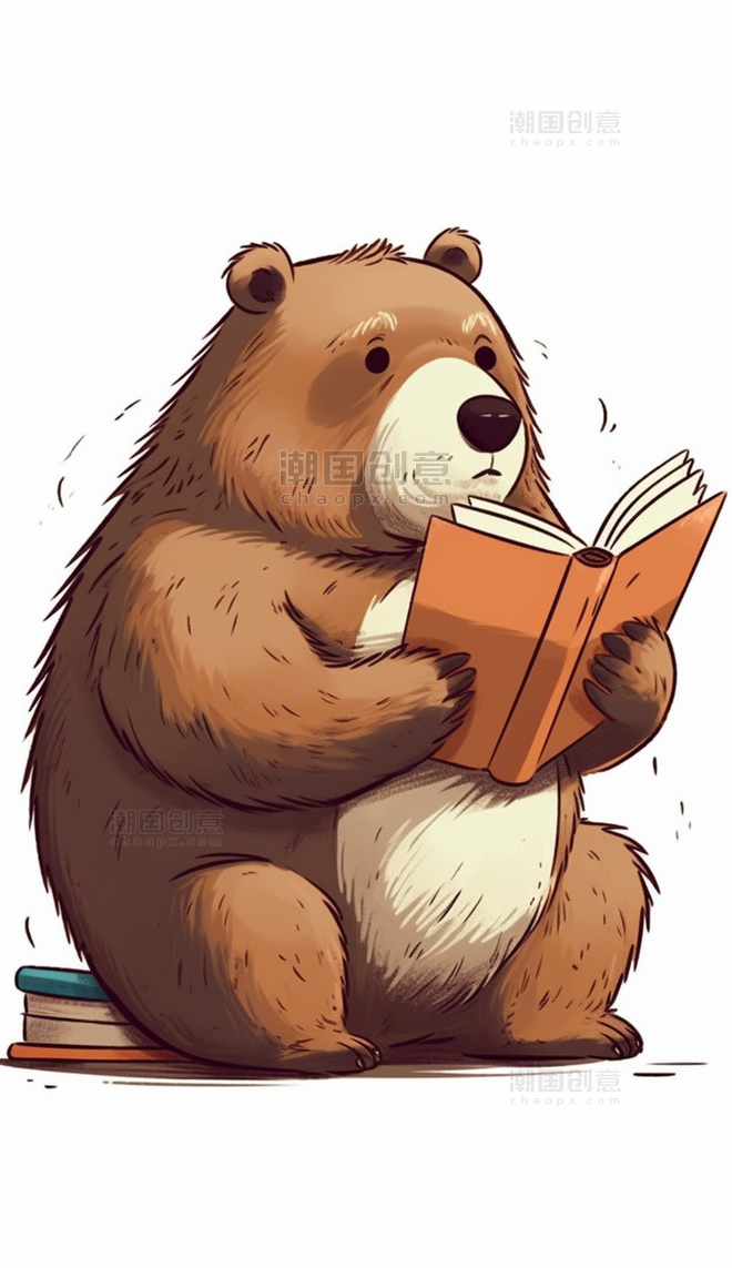 棕熊看书卡通拟人动物白色背景