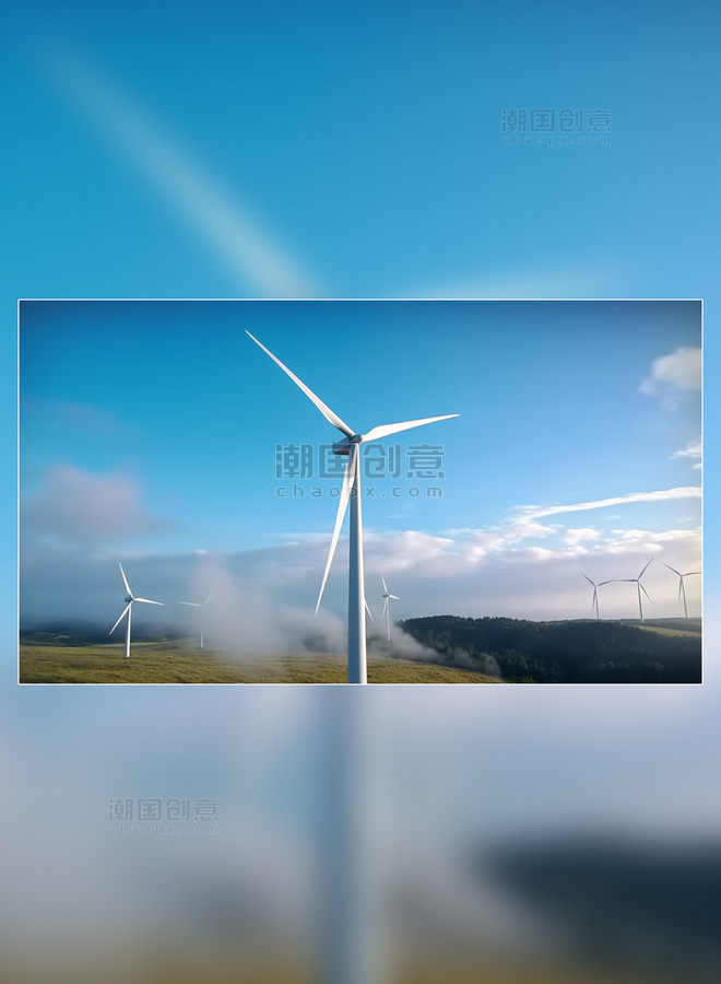 摄影图风景风力发电新能源白天蓝天白云风车草原发电风能