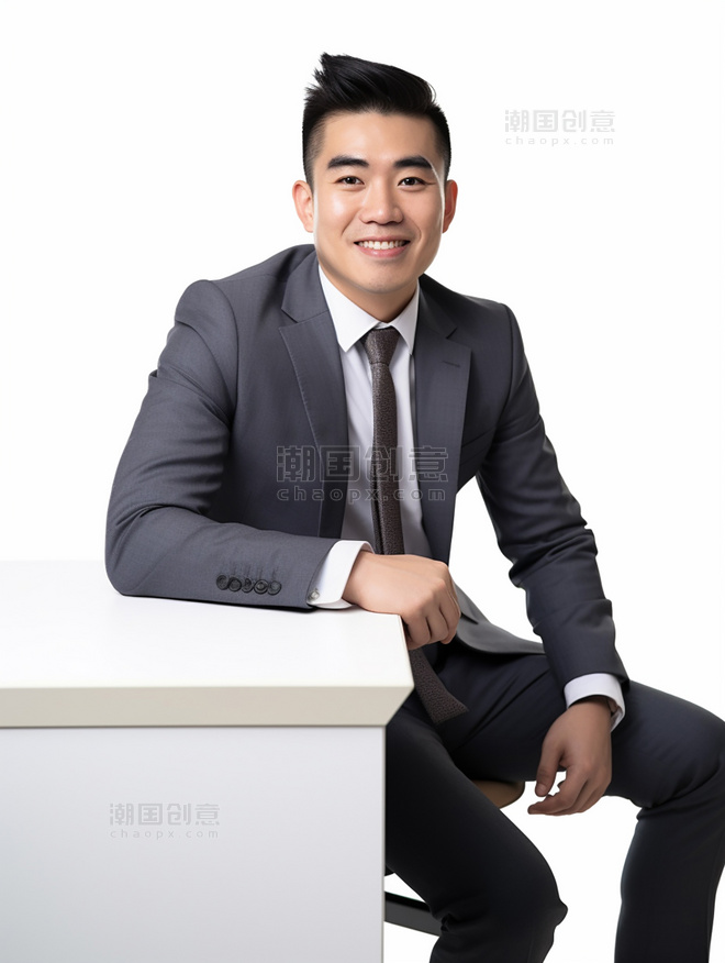 一张商务白领的照片亚洲面孔男性全身照穿着西装坐在电脑面前