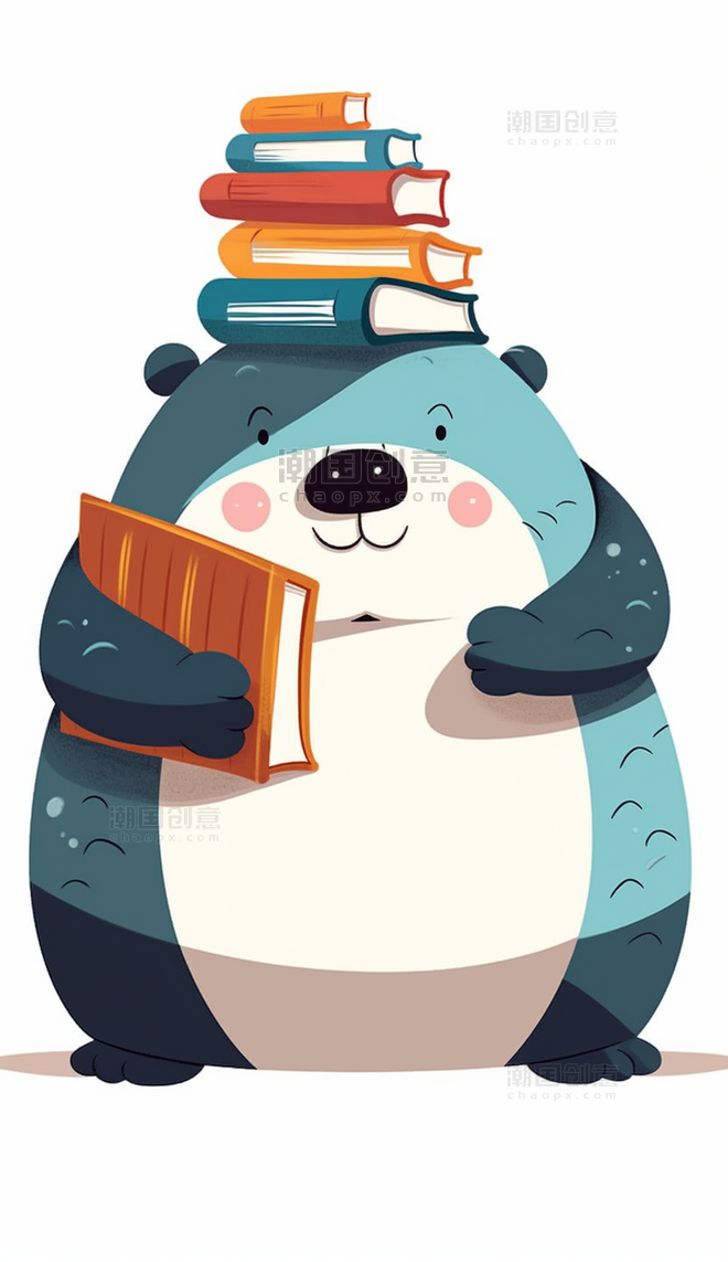 小熊头上顶着书本卡通拟人动物白色背景