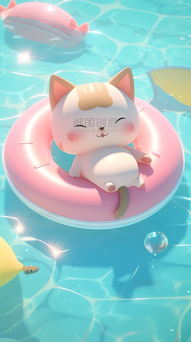 猫猫躺在游泳池的游泳圈上泳池清凉夏天