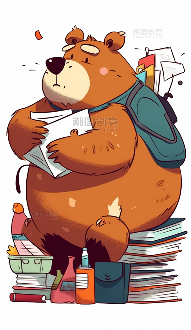 棕熊背着书包坐在书上卡通拟人动物白色背景