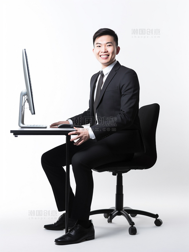 一张商务白领的照片亚洲面孔男性全身照穿着西装坐在电脑面前人像摄影风格