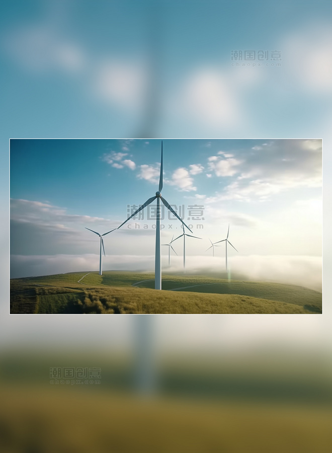 新能源风力发电摄影图白天蓝天白云风车草原发电风能