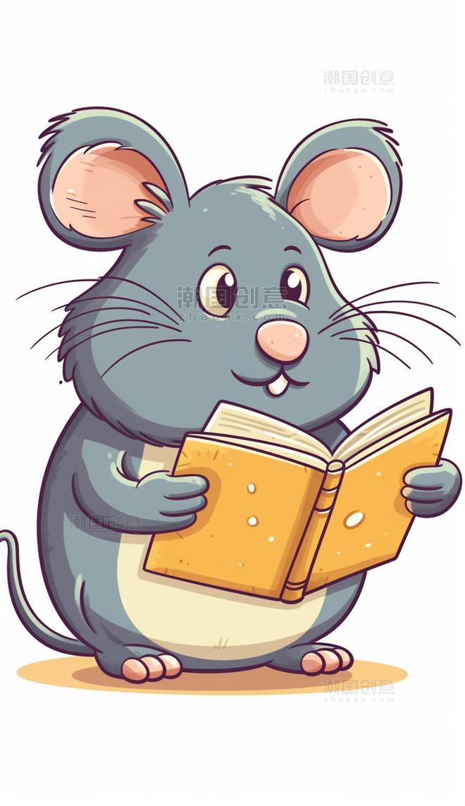 小老鼠看书卡通拟人动物白色背景