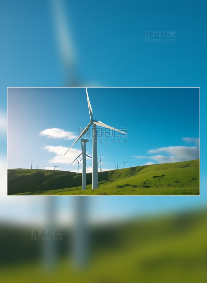 视野广阔白天蓝天白云风力发电新能源风车草原发电摄影图明亮的颜色风能
