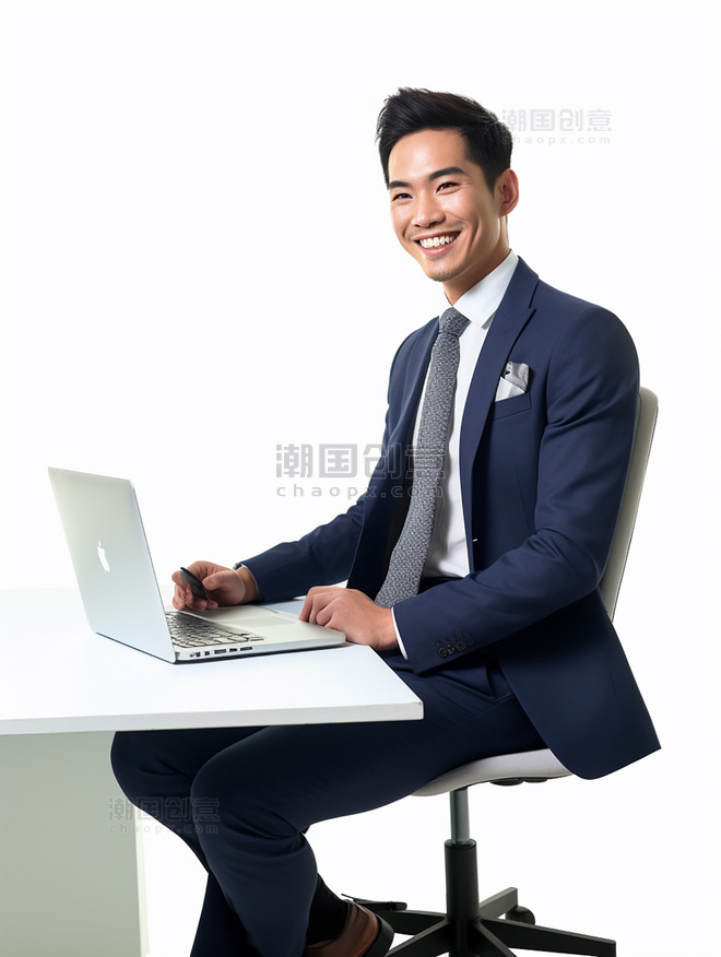 人像摄影风格一张商务白领的照片亚洲面孔男性全身照穿着西装坐在电脑面前