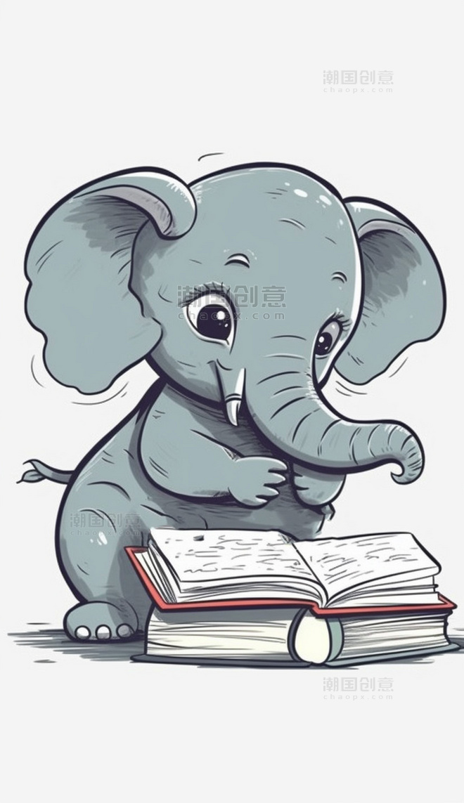 大象看书卡通拟人动物白色背景
