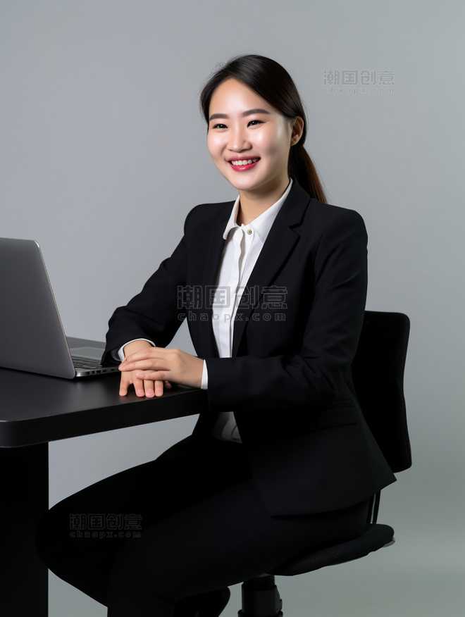 商务白领的照片亚洲面孔女性全身照穿着西装坐在电脑面前人像摄影
