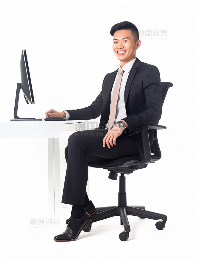 亚洲面孔男性商务白领的照片全身照穿着西装坐在电脑面前人像摄影风格