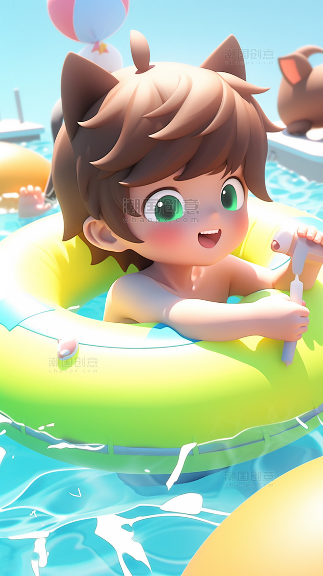 一个男孩躺在游泳池的游泳圈上泳池清凉夏天