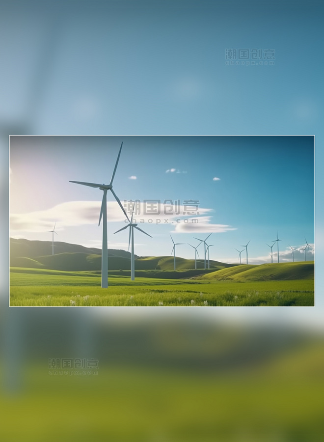 白天蓝天白云视野广阔风力发电新能源风车草原发电摄影图明亮的颜色风能