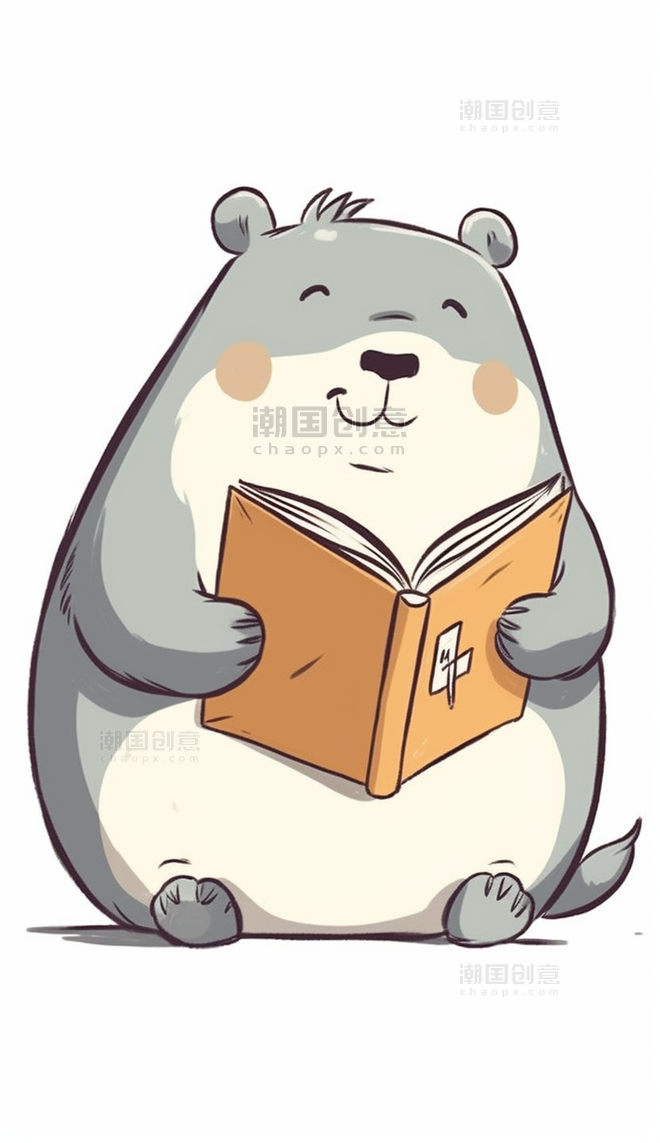 微笑的胖豚鼠看书卡通拟人动物白色背景