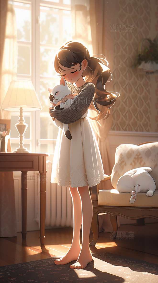 温柔女孩抱着一只白色的小猫床头灯宠物温馨