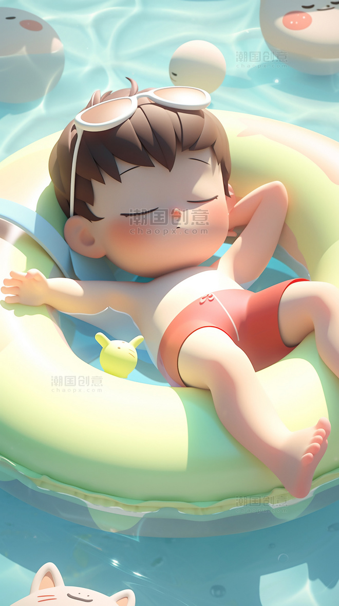 夏天夏日游泳池游泳一只小男孩躺在游泳圈上晒太阳可爱泳池清凉