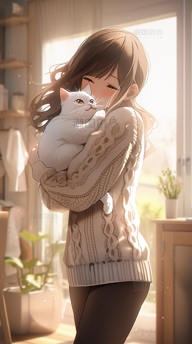 温柔女孩可爱女孩抱着小猫温馨居家宠物