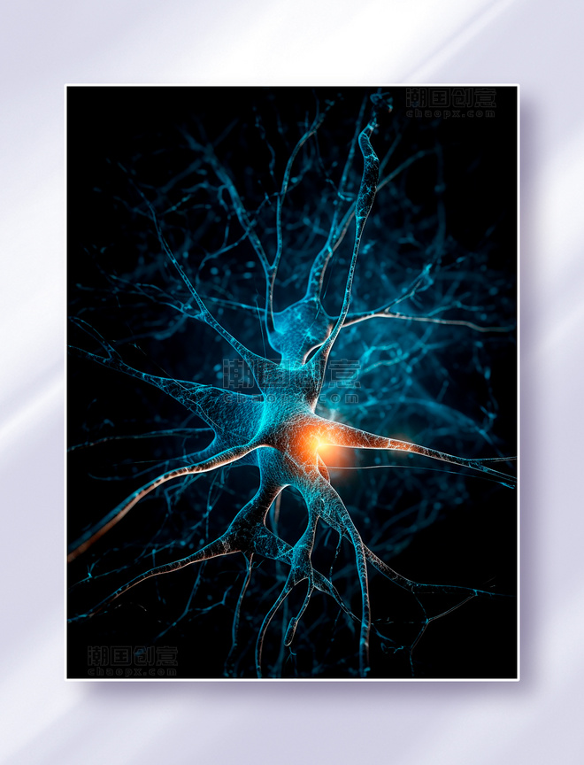 蓝橙色神经元细胞神经网络树突轴突显微镜下特写