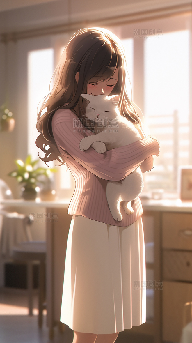 可爱女孩的全身抱着小猫温馨居家宠物