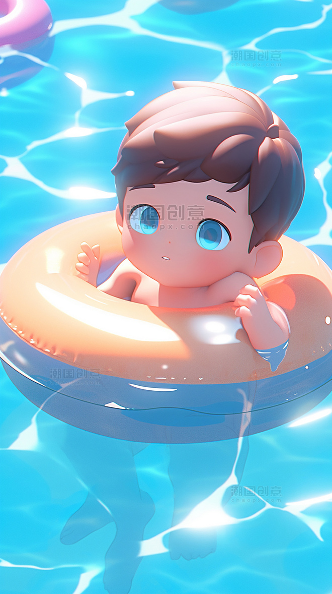 夏天夏日游泳池游泳一只小男孩躺在游泳圈上晒太阳泳池清凉