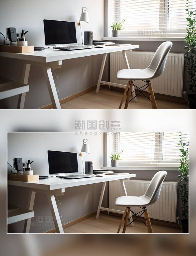办公桌白色椅子电脑文件窗前摄影