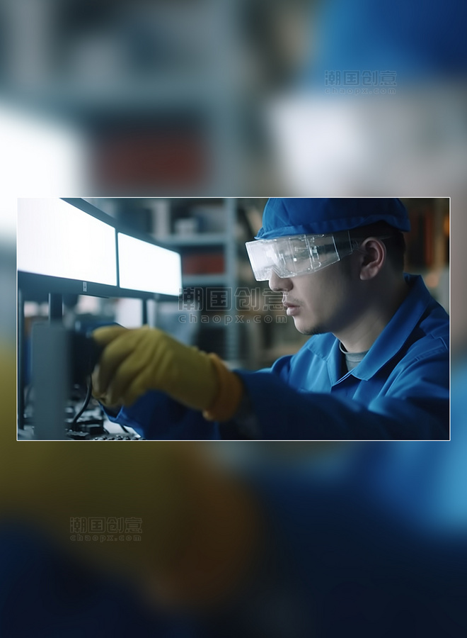 在工厂摄影图高工程师设备测试戴着眼镜技术人员