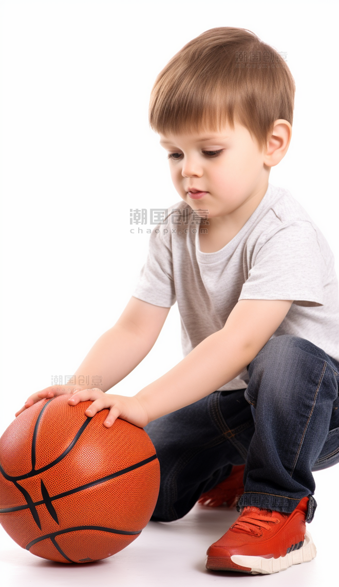 男孩蹲着摸着篮球摄影动作类