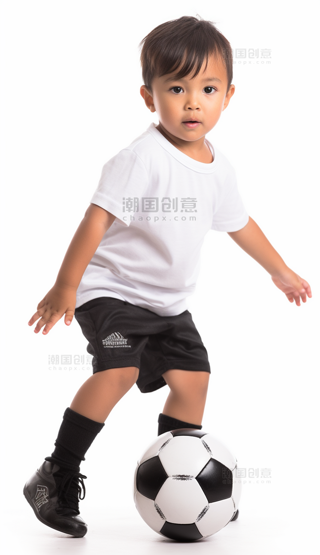 男孩在踢足球看着镜头摄影动作类