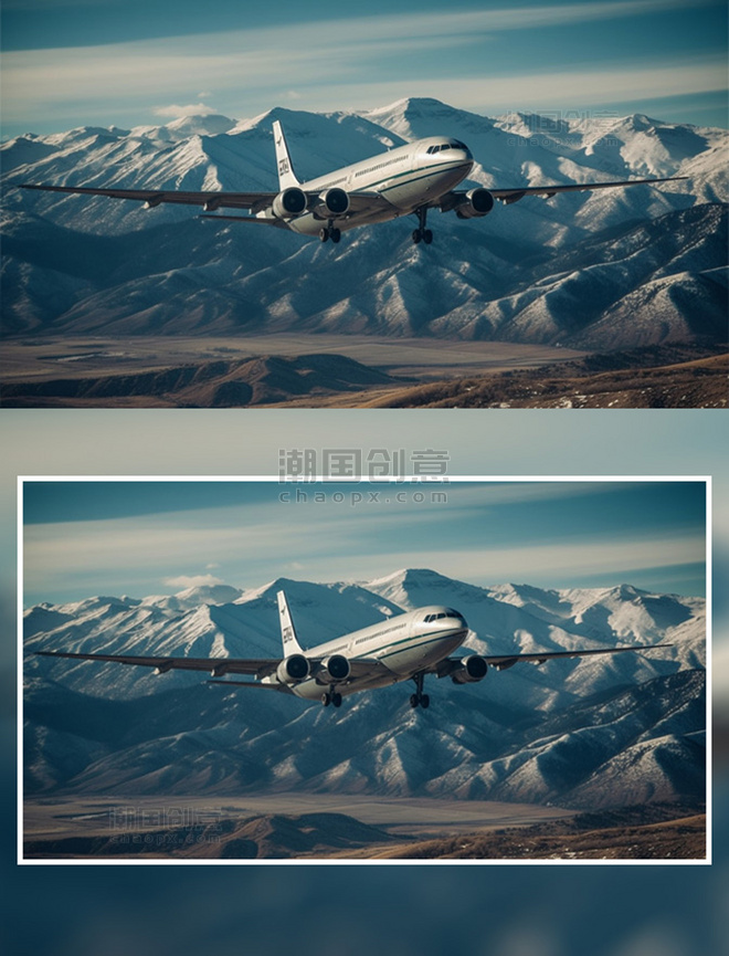 皑皑雪山云层上飞机交通工具摄影感