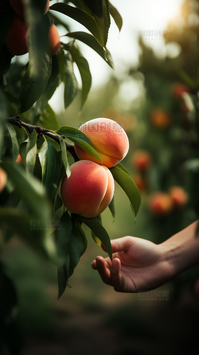 采摘桃子园水果农场新鲜桃子挂满果实蜜桃树新鲜多汁摄影图