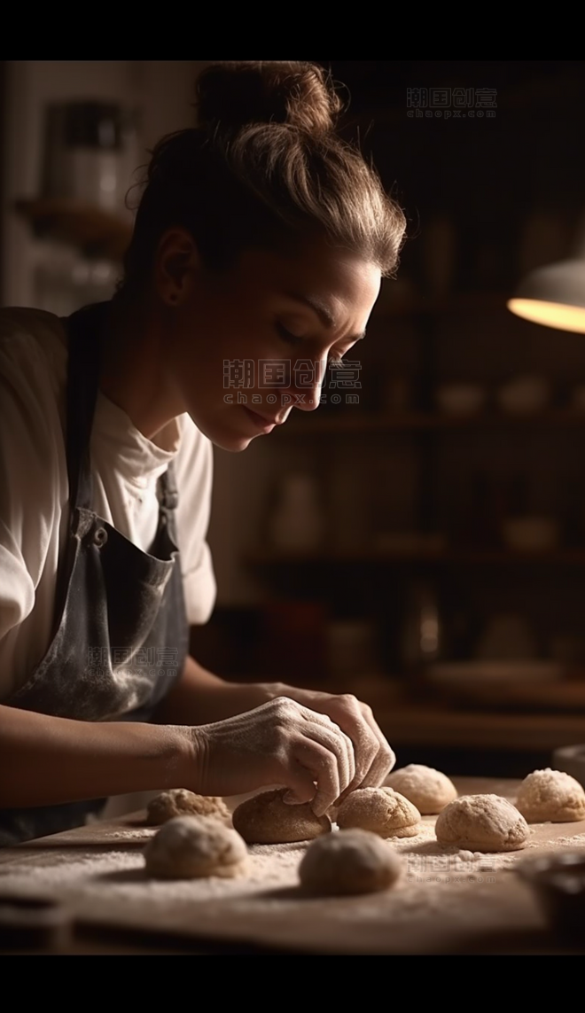 专注的女人面点师制作特写制作面包糕点师