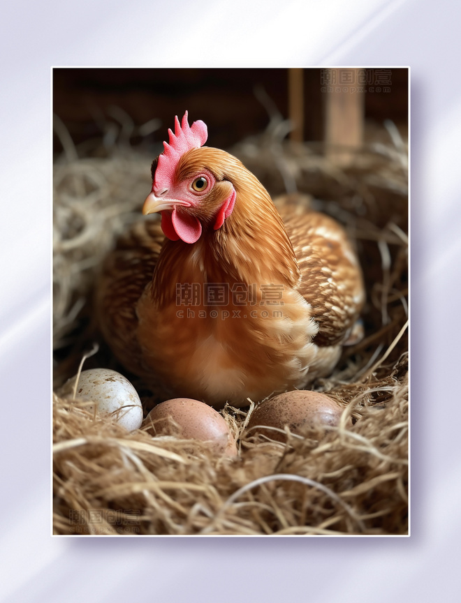 农场里鸡窝里一只母鸡在孵小鸡鸡蛋家禽摄影动物牲畜