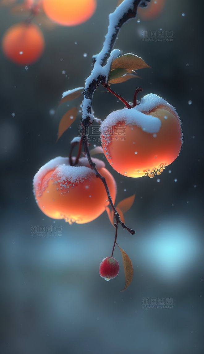 挂在树上雪霜柿子特写摄影感