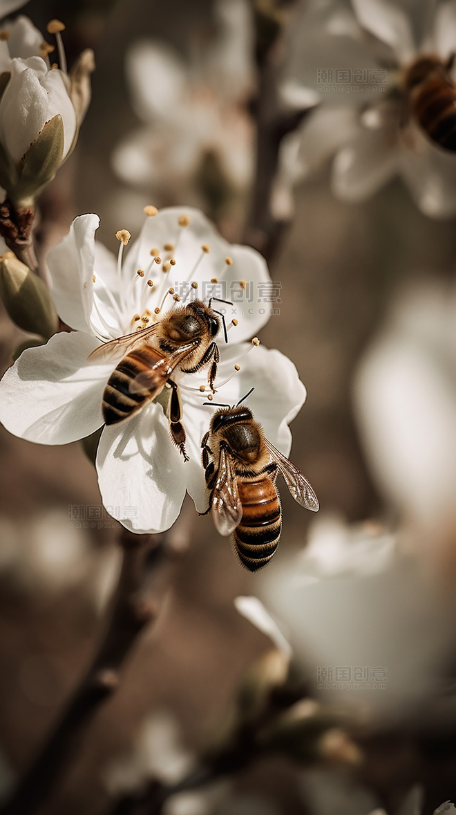 养蜂蜂巢蜜蜂在采蜜花朵春天摄影图