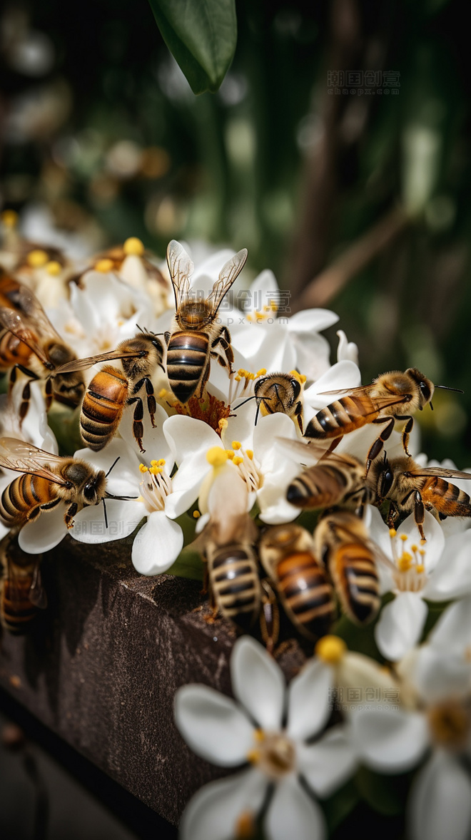 蜜蜂在采蜜花朵春天摄影图养蜂蜂巢