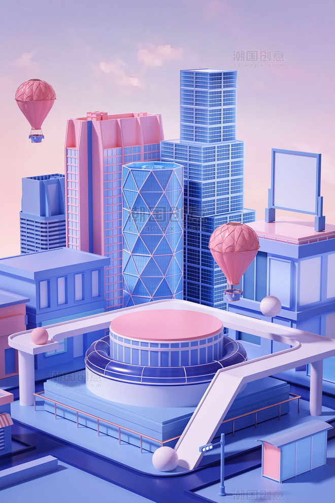 3D立体电商促销科技风城市建筑展台海报