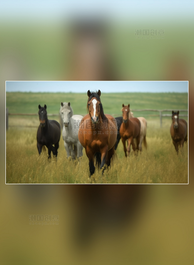 农场超级清晰高细节草原牧场奔腾的马一群野马吃草草马摄影图