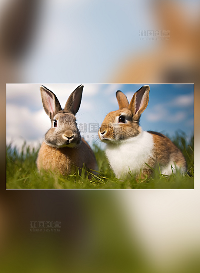 蓝天白云家畜草地可爱兔子哺乳动物兔子野外摄影图超级清晰