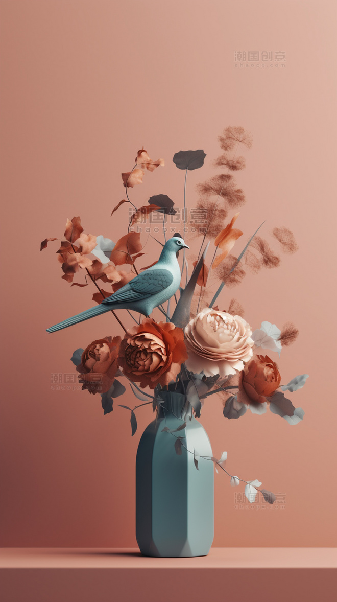 简约莫兰迪色系花瓶和小鸟背景